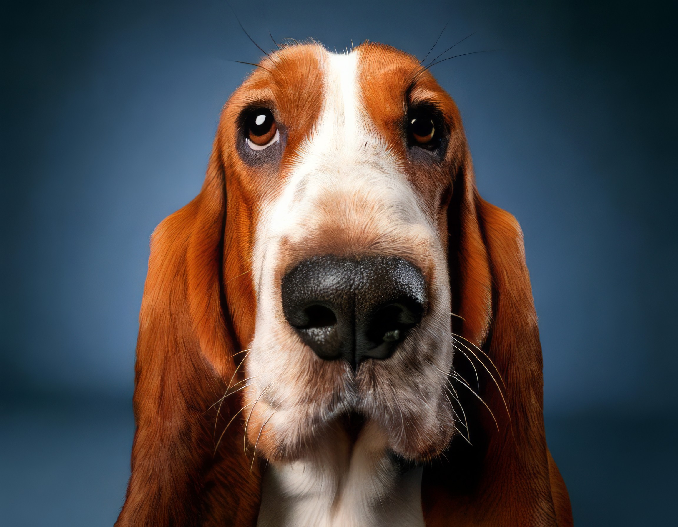 foto eines Basset im Fotostudio der ein lustiges Gesicht macht 21887 foto eines Basset im Fotostudio